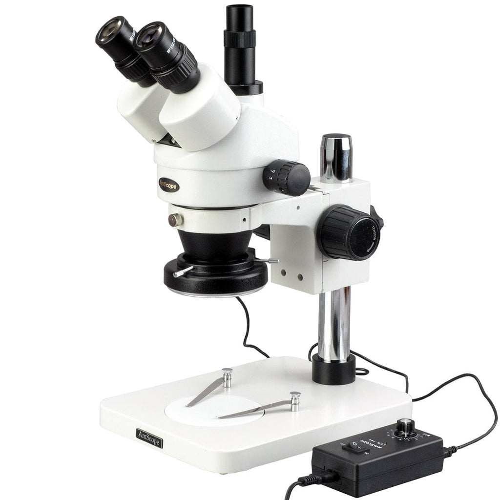 Microscopio Stereo Zoom AmScope SM-3NTPX-144-5M – 3.5X-45X, Trinoculare, Con Fotocamera 5MP E Anello LED 144
