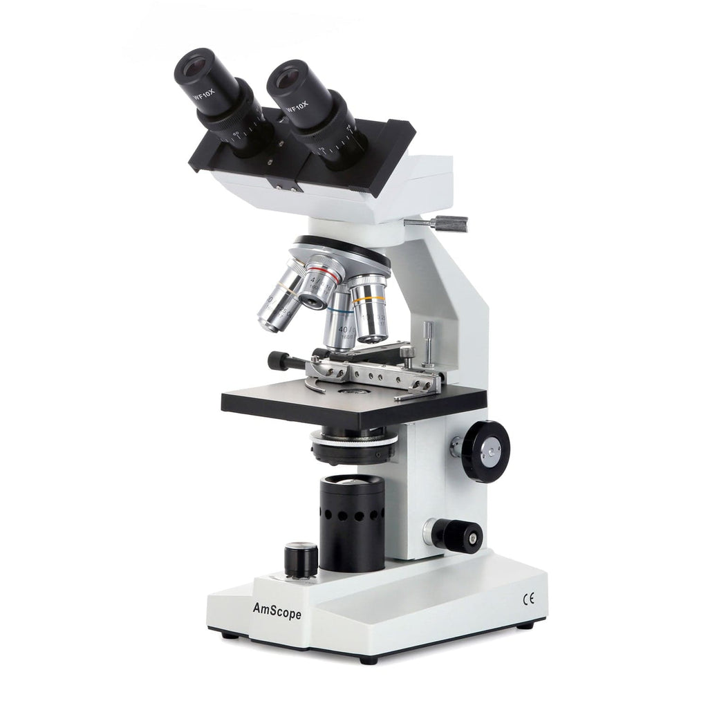 AmScope B100 Series Biological Binocular Compound Microscope 40X-1000X Magnification with 20W Halogen and Mechanical Stage