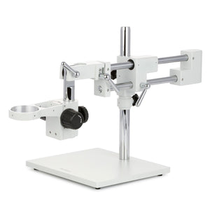 White Double Arm Boom Stand for Stereo Microscopes - Steel Arms, Tube Mount, 76mm Focus Block