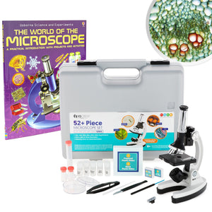 AmScope 1200X 52-pcs Kids Beginner Microscope Kit with Slides, LED Light, Storage Box and Book 