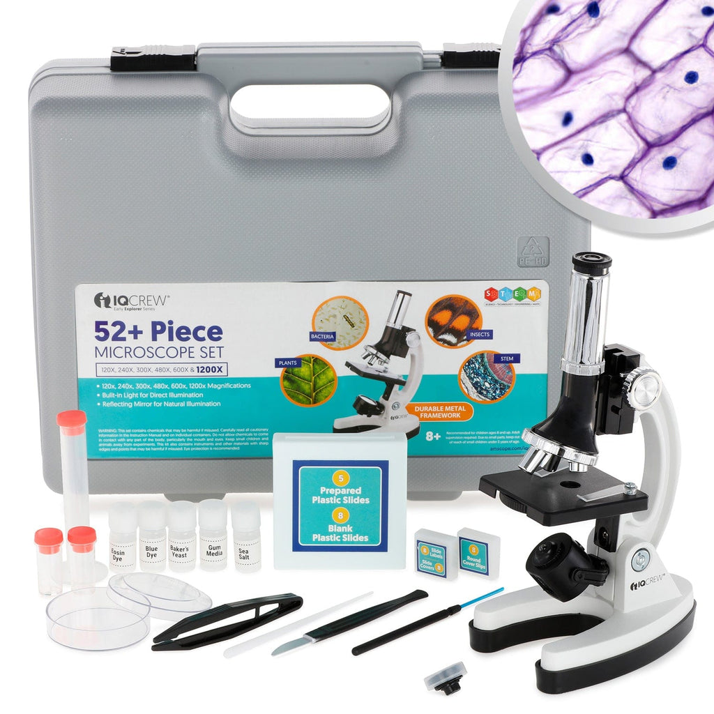 IQCrew By AmScope M30 Series 52-pcs STEM Microscope Kit for Kids 120X-1200X Magnification with Metal Body, Plastic Slides, LED Light and Storage Box