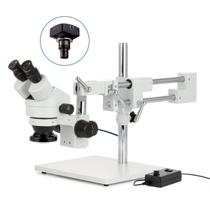 3.5X-45X Binocular Stereo Zoom Microscope w/144 LED Ring Light and 18MP USB 3.0 C-mount Camera on Double Arm Boom Stand