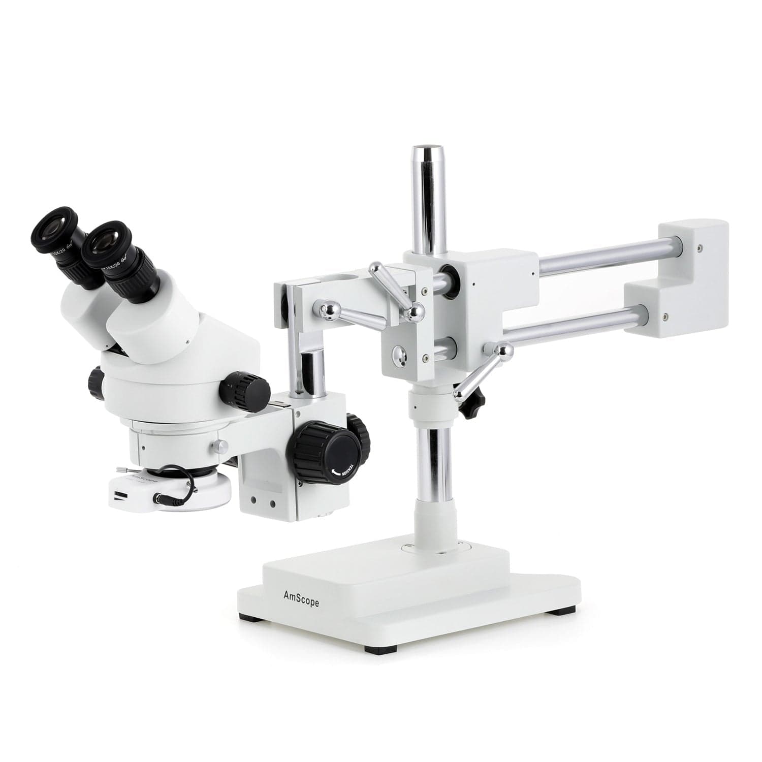 AmScope SM-4 Series Zoom Binocular Stereo Microscope 7X-45X Magnification with 144 LED Compact Ring Light on Double Arm Boom Stand