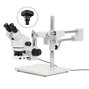 AmScope SM-4B Series Binocular Zoom Stereo Microscope 7X-45X Magnification with 80 LED Compact Ring Light and 18MP USB 3.0 C-mount Camera on Double Arm Boom Stand