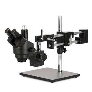 7X-45X Trinocular Stereo Zoom Microscope with Black Double Arm Boom Stand
