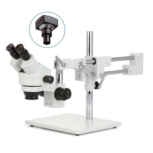 AmScope SM-4B Series Binocular Zoom Stereo Microscope 3.5X-45X Magnification with 5MP USB 2.0 C-mount Camera on Double Arm Boom Stand