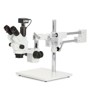 AmScope SM-4T Series Simul-Focal Lockable Trinocular Zoom Stereo Microscope 3.5X-45X Magnification with 18MP USB 3.0 C-mount Camera on Double Arm Boom Stand