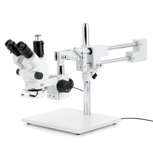 3.5X-90X Trinocular Simul-Focal Lockable Stereo  Zoom Microscope w/144 LED Compact Ring Light on Double Arm Boom Stand