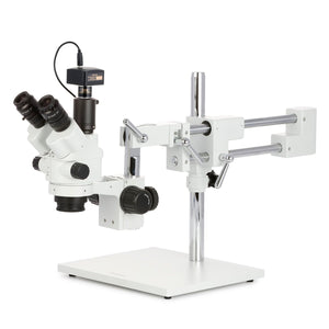 AmScope SM-4T Series Simul-Focal Lockable Trinocular Zoom Stereo Microscope 3.5X-45X Magnification with 5MP USB 2.0 C-mount Camera on Double Arm Boom Stand