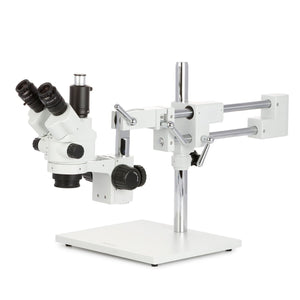 AmScope SM-4T Series Simul-Focal Lockable Trinocular Zoom Stereo Microscope 7X-45X Magnification on Double Arm Boom Stand