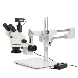 3.5X-180X Trinocular Stereo Zoom Microscope w/144 LED Ring Light and 20MP USB 3.0 C-mount Camera on Double Arm Boom Stand