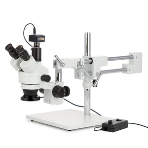 3.5X-180X Trinocular Stereo Zoom Microscope w/144 LED Ring Light and 5MP USB 2.0 C-mount Camera on Double Arm Boom Stand