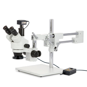 3.5X-180X Trincocular Simul-Focal Stereo Zoom Microscope w/Multi-Zone 144 LED and 18MP USB 3.0 C-mount Camera on Double Arm Boom Stand