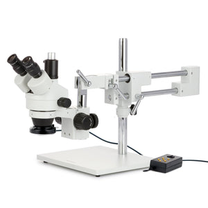 3.5X-90X Trincocular Simul-Focal Stereo Zoom Microscope w/Multi-Zone 144 LED on Double Arm Boom Stand