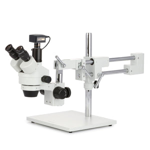 3.5X-90X Trincocular Simul-Focal Stereo Zoom Microscope w/18MP USB 3.0 C-mount Camera on Double Arm Boom Stand