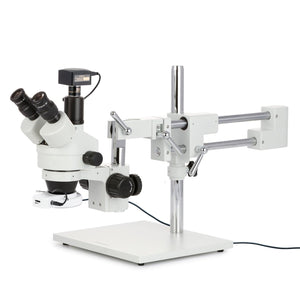 3.5X-180X Trinocular Stereo Zoom Microscope w/144 LED Compact Ring Light and 18MP USB 3.0 C-mount Camera on Double Arm Boom Stand