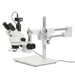3.5X-180X Trinocular Stereo Zoom Microscope w/144 LED Compact Ring Light and 5MP USB 2.0 C-mount Camera on Double Arm Boom Stand