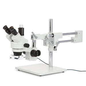3.5X-90X Trincocular Simul-Focal Stereo Zoom Microscope w/144 LED Compact Ring Light on Double Arm Boom Stand