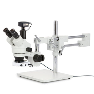 3.5X-90X Trinocular Stereo Zoom Microscope w/80 LED Compact Ring Light and 18MP USB 3.0 C-mount Camera on Double Arm Boom Stand