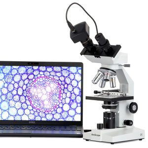 AmScope B100 Series Biological Binocular Compound Microscope 40X-2000X Magnification with LED 1.3MP Digital Camera and Mech. Stage