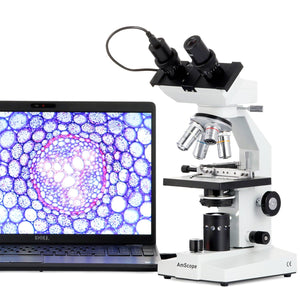 AmScope B100 Series Biological Binocular Compound Microscope 40X-2000X Magnification with 20W Halogen, Mechanical Stage and 1MP Camera