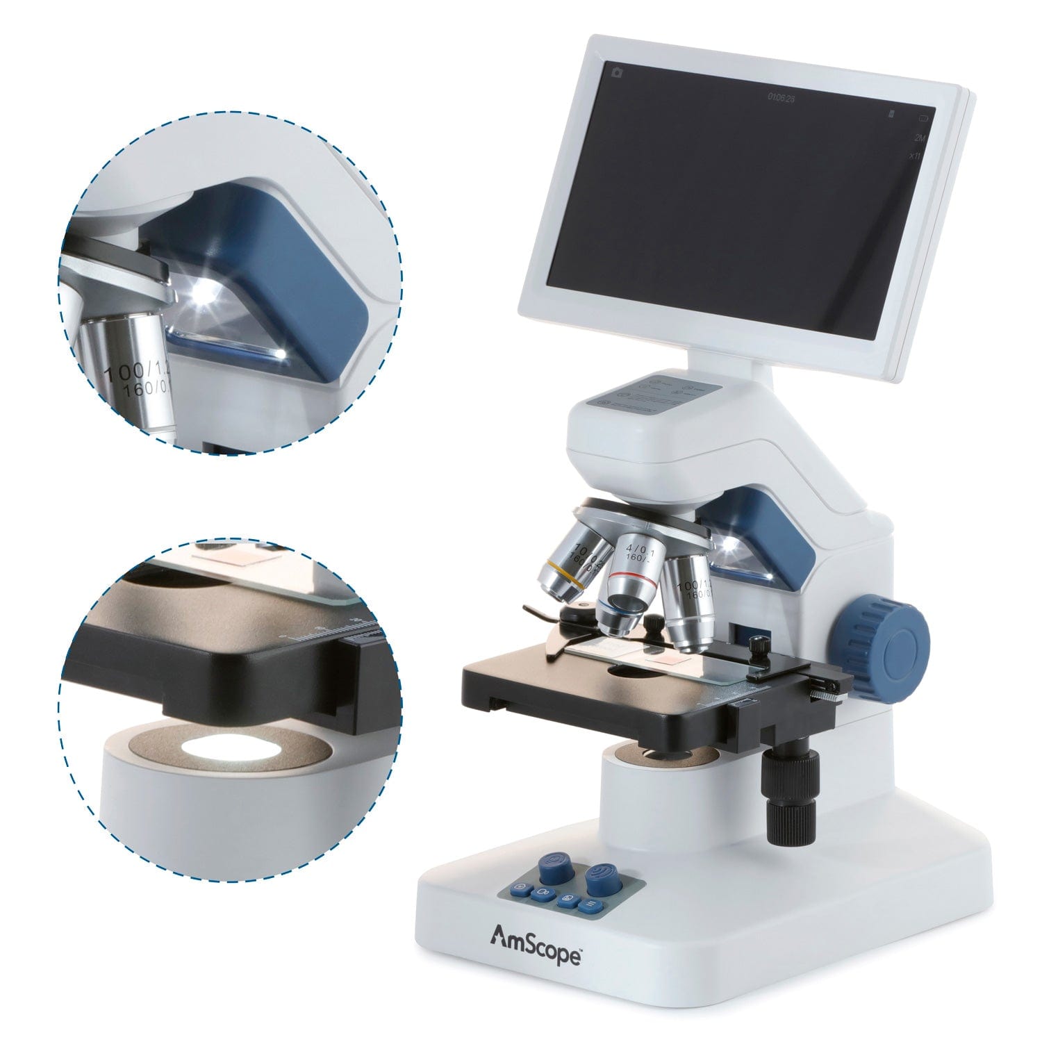 AmScope Full HD 7" Digital Compound Microscope w/ Mechanical Stage, 4 Objectives, and 32GB MicroSD Card