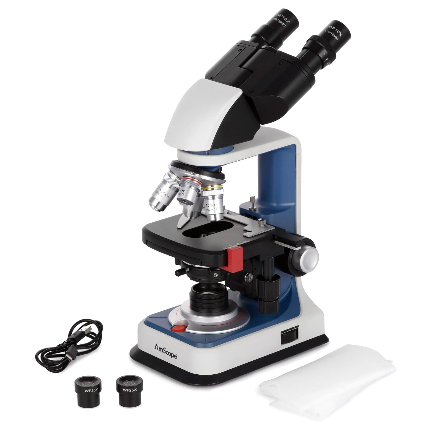 AmScope B120C-R Series USB-C Rechargeable Student Binocular Compound Microscope 40X-2500X Magnification with 3D Two-Layer Mechanical Stage, Achromatic Objectives, & LED illuminator