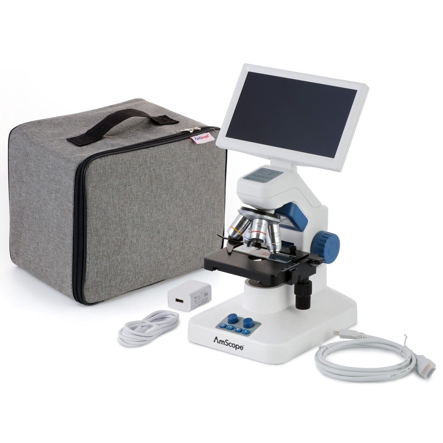 AmScope Full HD 7" Digital Compound Microscope w/ Mechanical Stage, 4 Objectives, and 32GB MicroSD Card