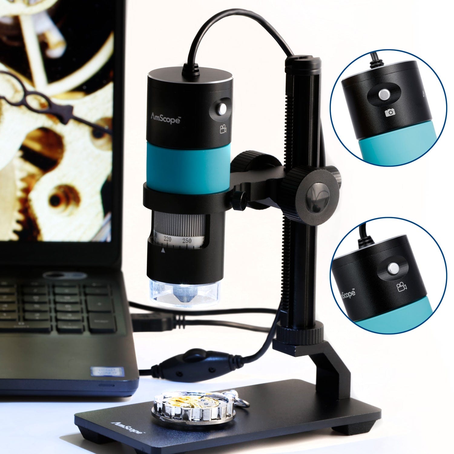 AmScope HHD Series 8.3 MP Professional Polarizing Handheld Digital USB Microscopes with 10X-280X Magnification, LED Ring Illuminator, and Table Stand