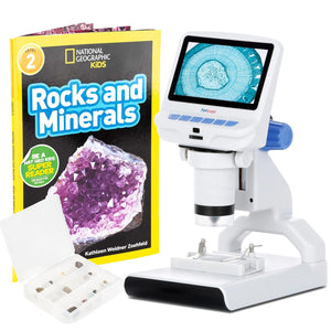 Holiday Savings! AmScope 4.3 inch Premium 1080P HD Portable LCD Color Digital Microscope with Dual-LED Illumination + BONUS Rock Kit and Book