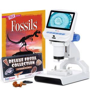 Bundle Savings! AmScope 4.3 inch Premium 1080P HD Portable LCD Color Digital Microscope with Dual-LED Illumination + Bonus Fossil Kit and Book