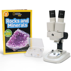 Holiday Savings! IQCrew By AmScope SE100 Series Kid's Portable Battery-Powered Binocular Stereo Microscope 20X-40X Magnification on Track Stand with LED Light + BONUS Rock Kit and Book