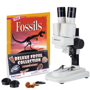 Bundle Savings! IQCrew By AmScope SE100 Series Kid's Portable Battery-Powered Binocular Stereo Microscope 20X-40X Magnification on Track Stand with LED Light + BONUS Fossil Kit and Book