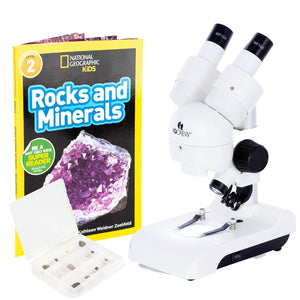 Bundle Savings! IQCREW By AmScope SE122 Series Deluxe All-In-One Portable Stereo Microscope 30X Magnification with LED Dual-Illumination and Accessory Kit + BONUS Rock Kit and Book