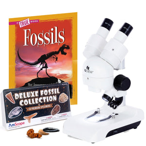 Bundle Savings! IQCREW By AmScope SE122 Series Deluxe All-In-One Portable Stereo Microscope 30X Magnification with LED Dual-Illumination and Accessory Kit + BONUS Fossil Kit and Book