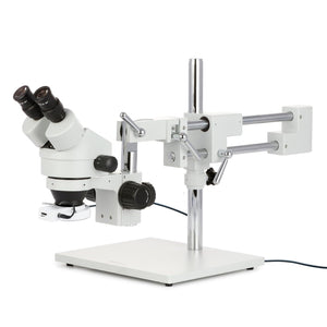 7X-90X Binocular Stereo Zoom Microscope w/64 LED Compact Ring Light on Double Arm Boom Stand