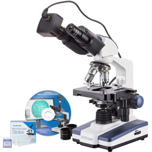 40X-2500X LED Binocular Compound Microscope w/ 50pc Blank Slides and 10MP Digital Camera