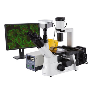 AmScope IN300 Series Inverted Epi-fluorescence Trinocular Compound Microscope 40X-1000X Magnification with 5MP Cooled Color CCD Camera