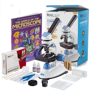 IQCrew by AmScope 40X-1000X Dual Illumination Microscope (Blue) with Slide Prep Kit and Book