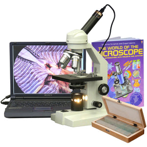 40X-2500X Advanced Student Microscope + USB Camera, 100 Prepared Slides & Book