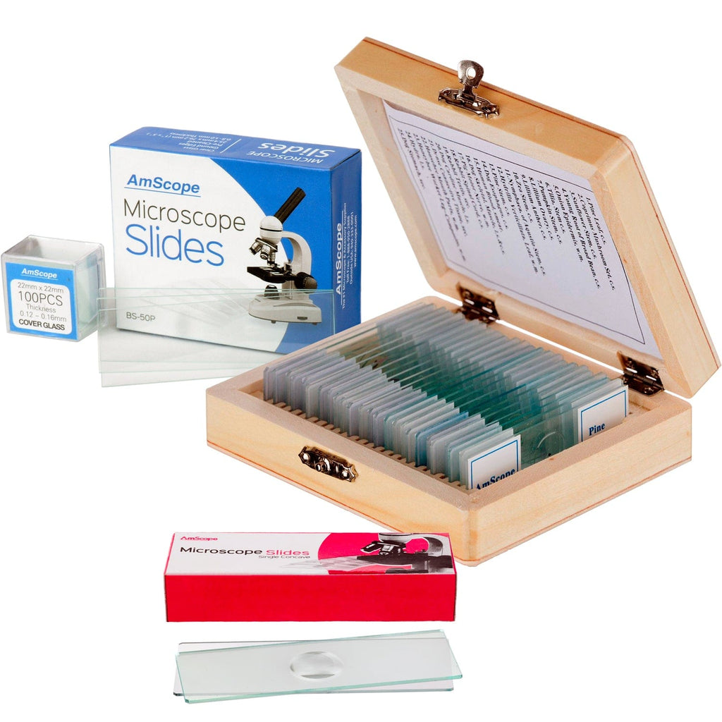 25 Microscope Prepared Slides, 50 Pre-Cleaned Blank Plate Slides, 6 Single Depression Concave Slides and 100 Coverslips