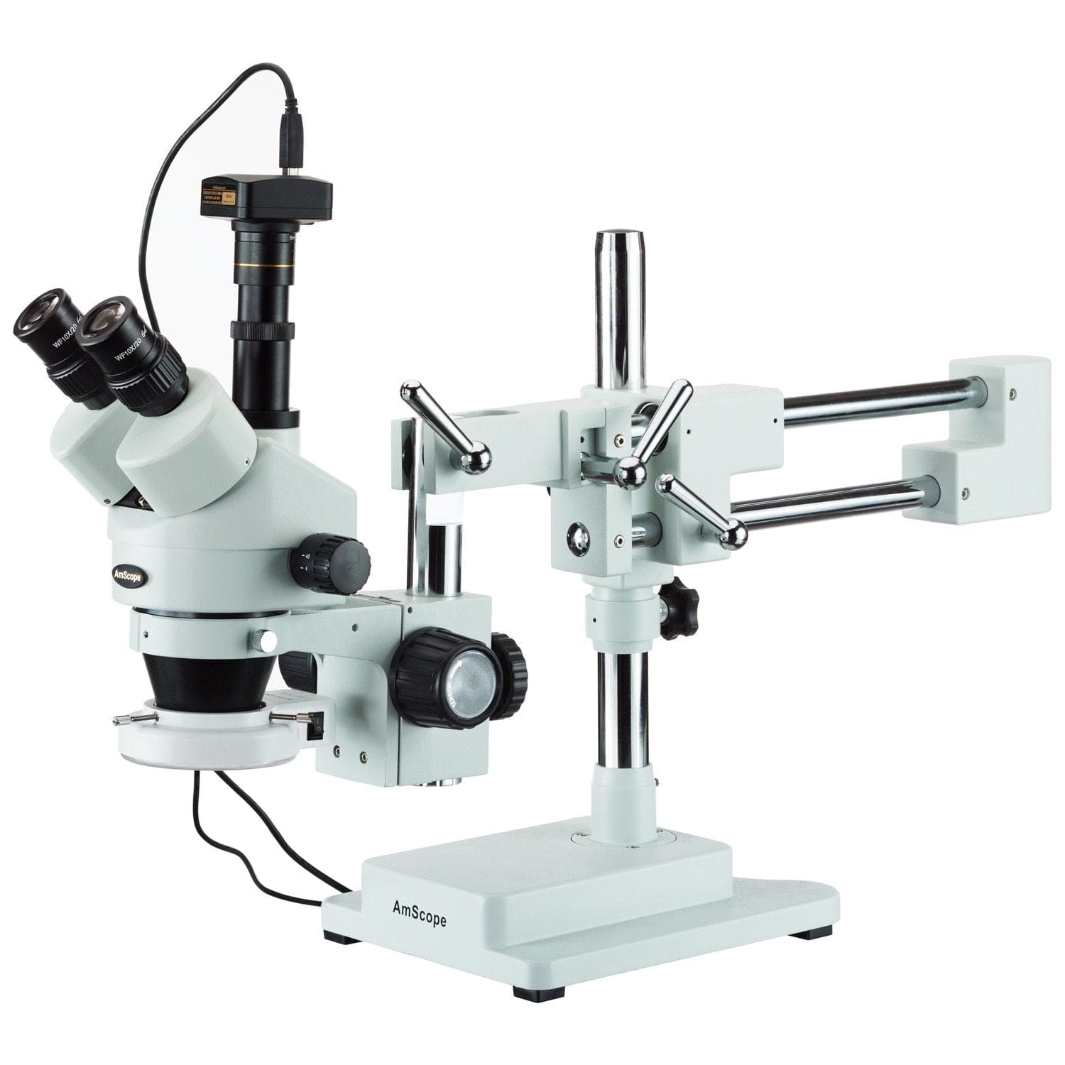 AmScope SM-4 Series Zoom Trinocular Stereo Microscope 3.5X-180X Magnification with 144 LED Compact Ring Light and 20MP USB 3.0 C-mount Camera on Double Arm Boom Stand