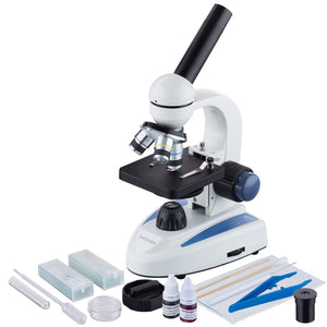 AmScope M158 Series Student Cordless Monocular Compound Microscope 40X-1000X Magnification with Top & Bottom Lights and Slide Preparation Kit