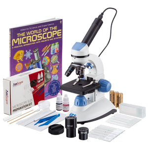 IQCrew by AmScope 40X-1000X Dual Illumination Microscope (Blue) with 3MP Digital Eyepiece, Slide Prep Kit and Book