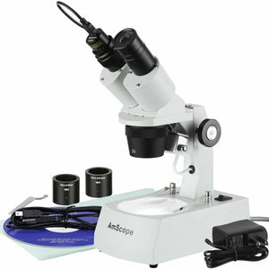 10X-60X Compact Multi-Lens Stereo Microscope with Angled Head, Metal Track Stand, Top & Bottom LED Lighting, 0.3MP Digital Eyepiece Camera