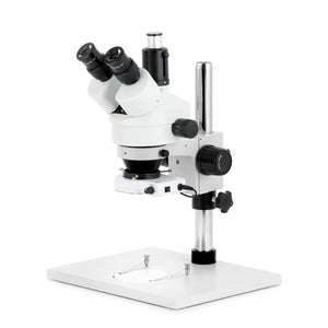 7X-45X Trinocular Stereo Zoom Microscope w/80 LED Compact Ring Light on Pillar Stand with Extra Large Base Plate