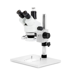 3.5X-90X Trinocular Stereo Zoom Microscope w/8W Fluorescent Ring Light on Pillar Stand with Extra Large Base Plate