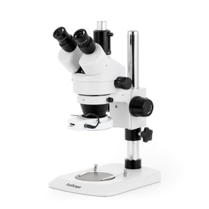 7X-90X Trinocular Industrial Inspection Zoom Stereo Microscope w/144 LED Compact Ring Light on Pillar Stand with Small Base