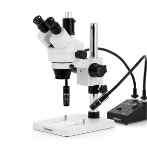 3.5X-90X Trinocular Stereo Zoom Microscope w/6W Dual-Gooseneck LED Illuminator and 18MP USB 3.0 C-mount Camera on Pillar Stand