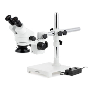 7X-45X Binocular Stereo Zoom Microscope w/144 LED Ring Light on Single Arm Boom Stand